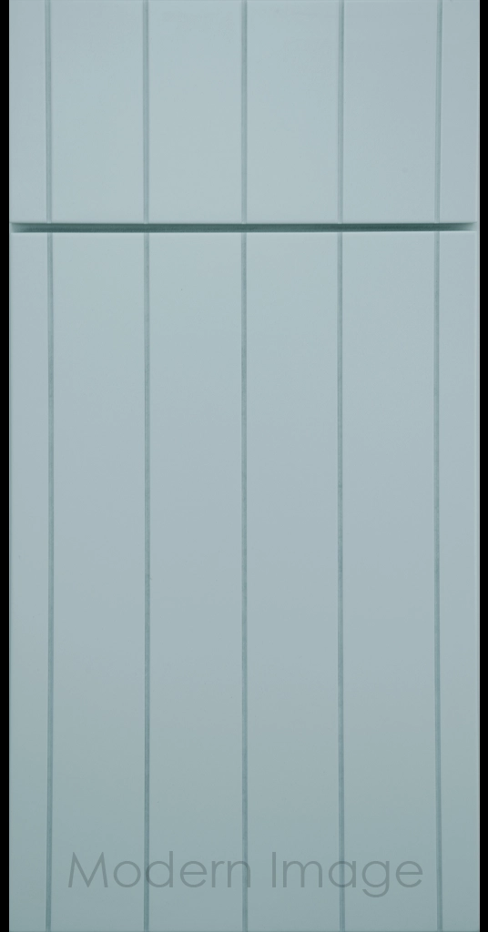 Brooklyn Flat-Panel Cabinet Door with 5 evenly spaced Vertical Grooves, Niebla Azul color.